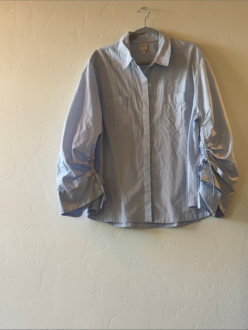 Maeve Light Blue Button-Down Shirt with Ruched Sleeves